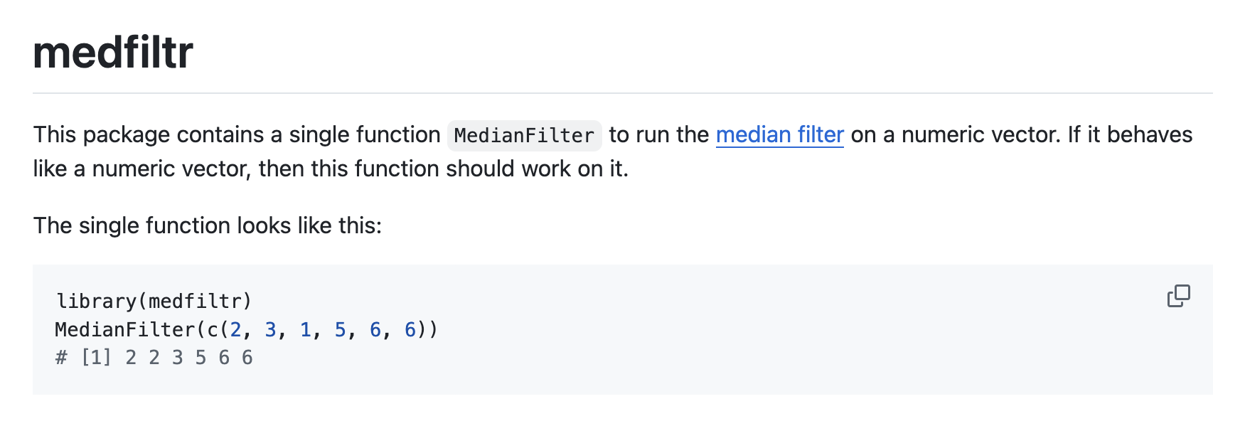 I’m going to use a toy package called medfiltr to demonstrate testing.